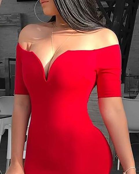 

20212021 female deep v-neck off shoulder bodycon dress women short sleeve solid sheath midi dress, Black;gray