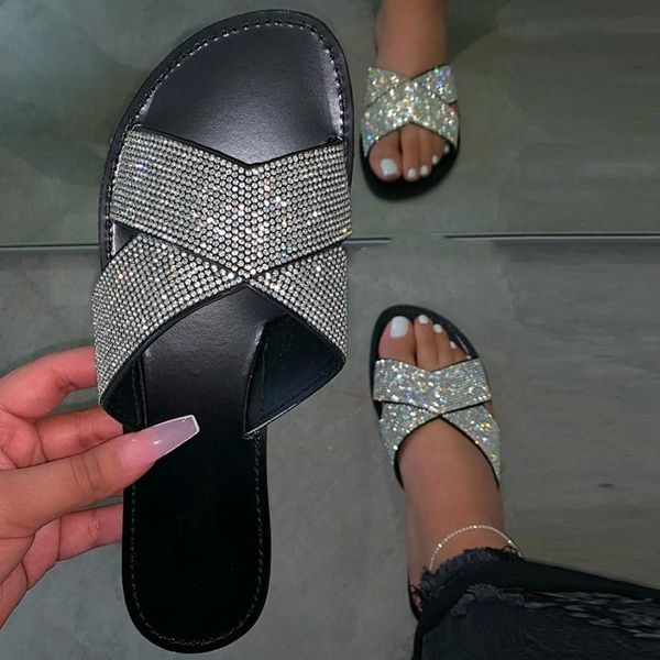 

slippers fashion diamond flat cross women's slipper crystal flats summer footwear non-slip breathable slaps women zapatos de muje, Black