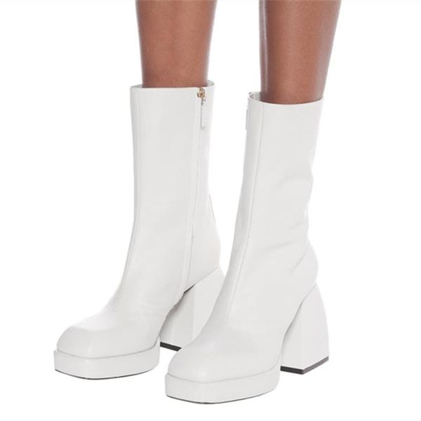 

boots handmade reflective upper winter platform side zip square toe women mid calf chunky heel short booties for ladies big size, Black