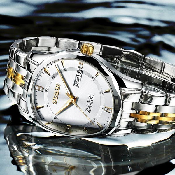 

wristwatches men automatic mechanical wristwatch with double calendar luminous hands stainless steel watchband fashion male clock, Slivery;brown