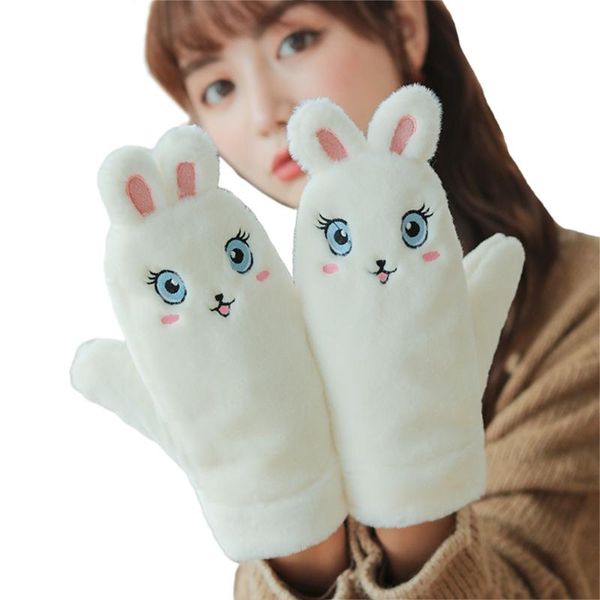 

five fingers gloves women fuzzy plush full finger cartoon panda embroidery warm mitten axyd, Blue;gray