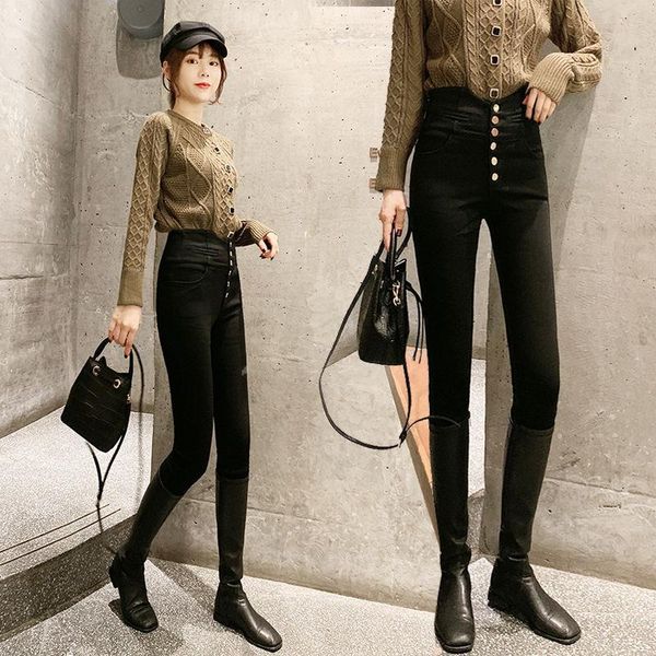 

women's leggings fashion winter high waist skinny stretch thick warm pencil pants female casual solid slim fit button long trousers q19, Black
