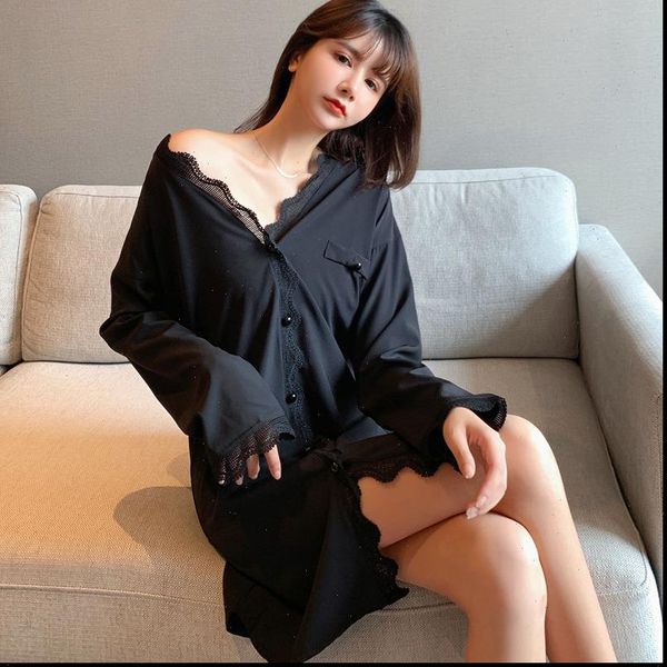 

shirt nightdress lace women sleepwear long sleeves satin nightgowns chemise femme plus size 5xl night home, Black;red