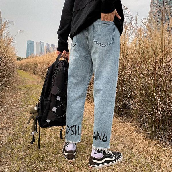 

spring autumn new men's loose straight jeans retro light-colored crossed pants all-matching printed wide-leg pants harem, Blue