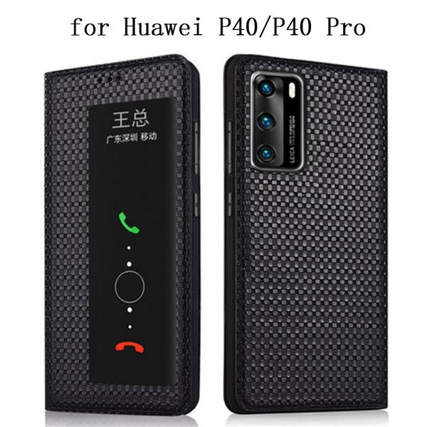 

smart on/off flip case for huawei p40 p40p genuine leather cover shell pro window view bag screen protector cell phone cases