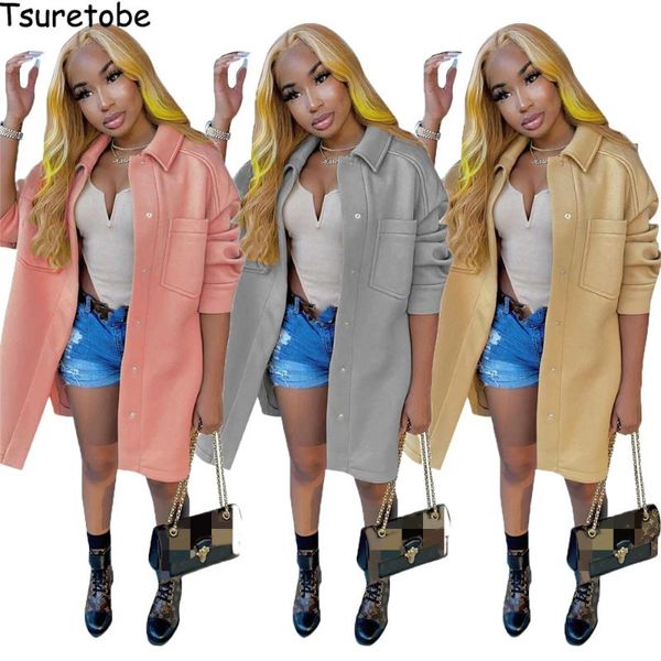 

women's wool & blends tsuretobe winter coat women elegant long pockets ladies sleeve outwear 2021 autumn clothes turndown collar outfit, Black