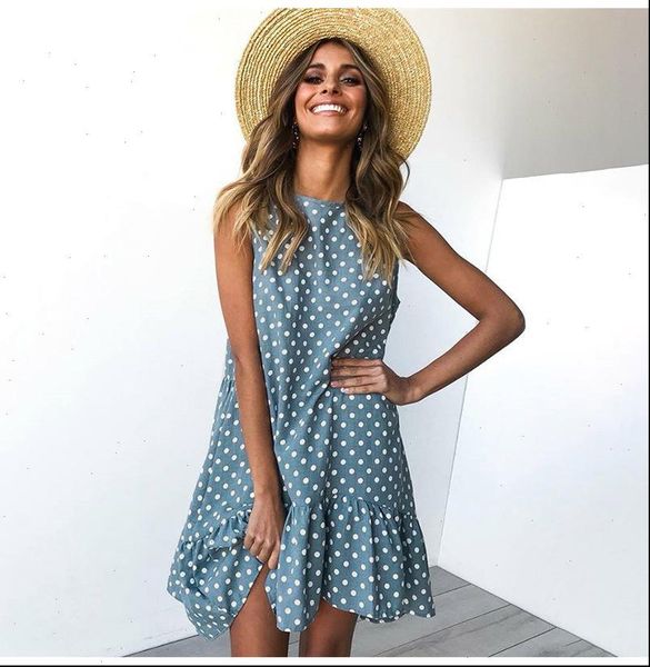 

womens dress sleeveless midi polka dot bohemia beach summer sundress party plus size female clothes vestidos, Black;gray
