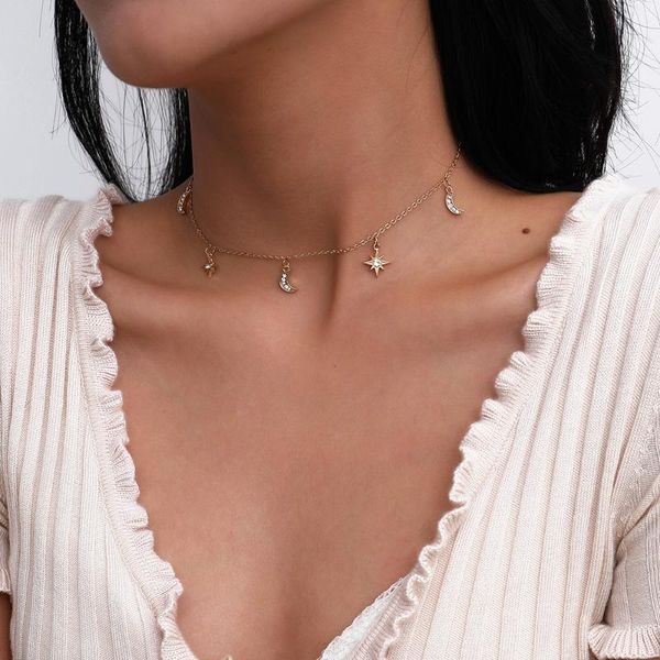 

vintage crystal inlaid star moon sun pendant necklaces for women fashion simple female necklace jewelry gift wholesale, Silver
