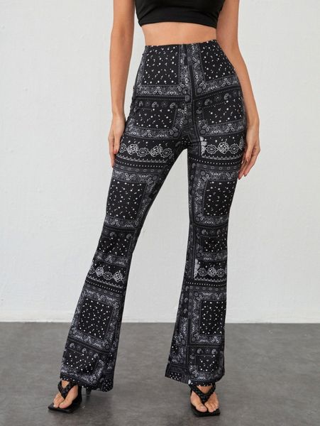 

elastic waist paisley print flare leg pants 44yd#, Black;white