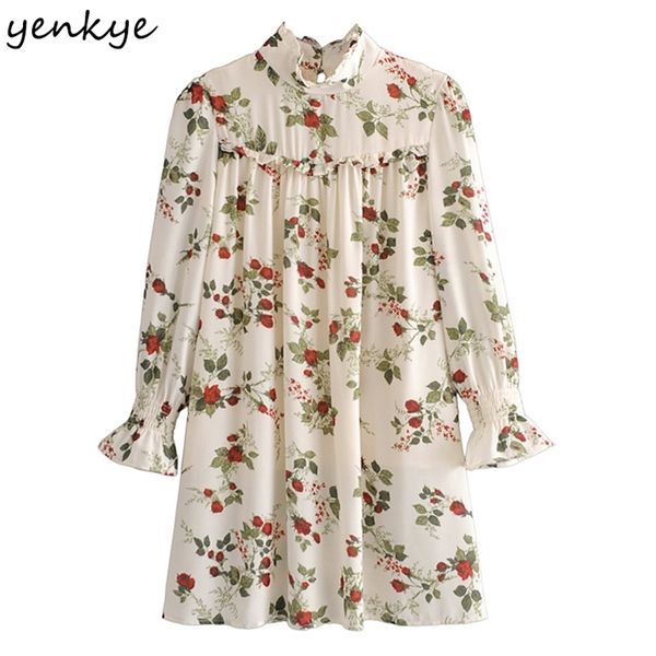 

vintage prairie chic floral print dress women high neck long sleeve casual summer chiffon short robe femme 210514, Black;gray