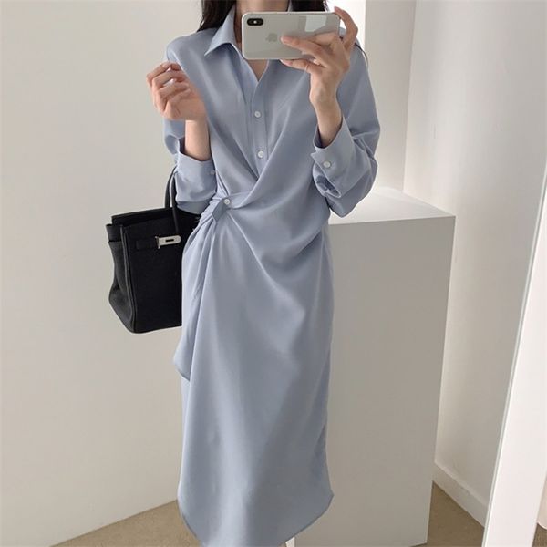 

autumn women solid shirts dresses office lady casual loose turndown collar irregular dress midi vestidos robe mujer 210517, Black;gray