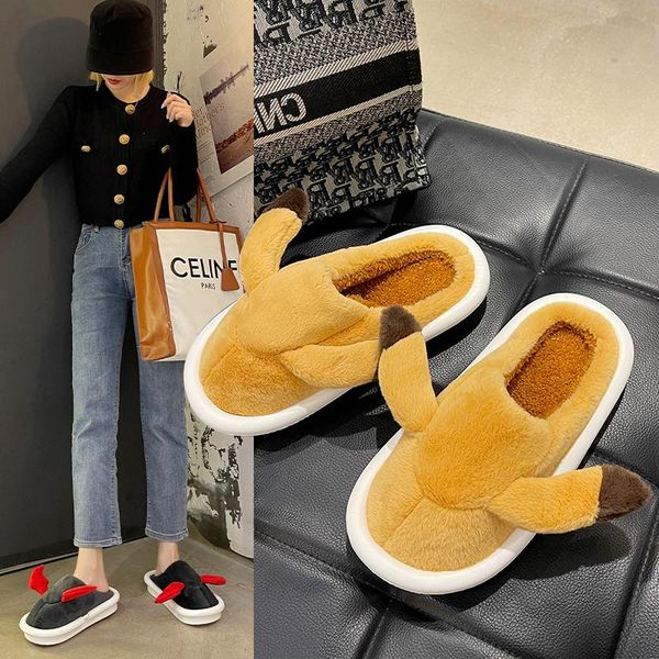 

slippers winter indoor warm home couples bedroom cartoon non-slip soft botto, Black