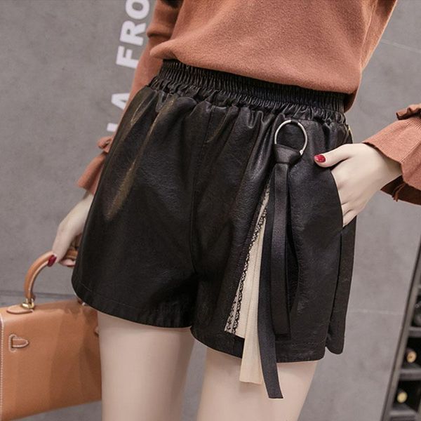 

women's shorts arrival autumn women pu leather wide leg, White;black