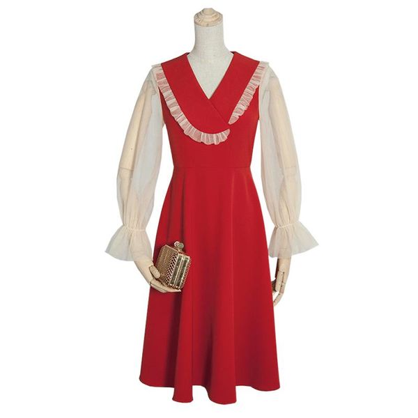 

casual dresses women's christmas clothes irregular v-neck nude sheer long sleeve empire waistline a line knee length red dress, Black;gray