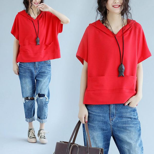 

women's hoodies & sweatshirts [ewq] 2021 spring summer arrivals hooded collar short sleeve solid pattern women fashion casual loose swe, Black