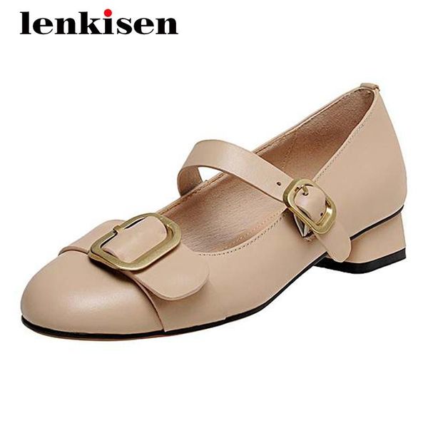 

lenkisen leisure genuine leather dress round toe thick med heel buckle straps beauty girls fashion women pumps l90 shoes, Black