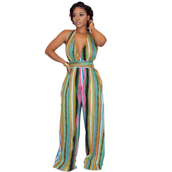 

women's jumpsuits & rompers 2021 summer women street casual style sleeveless deep v condole belt striped simple colorful long pants, Black;white