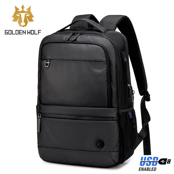 

backpack goloen wolf men's casual computer backpacks bag usb charging teenage schoolbag for men double zipper handbag 15.6inch laptop