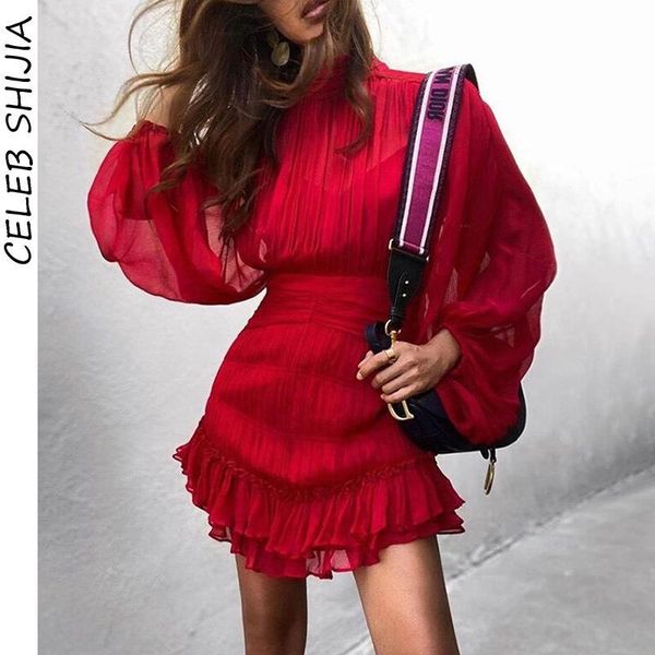 

casual dresses puff sleeve red autumn woman stand neck luxury party dress bodycon high waisted mini clothing fall, Black;gray