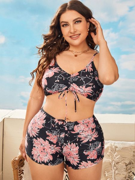 

plus floral print drawstring bikini swimsuit v6dg#, Black