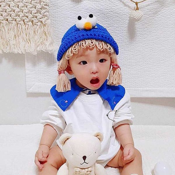 

arrivals children baby born hat hair pigtail braid wig cap cute big eyes winter warm knitted infant kids hats caps 210713, Yellow