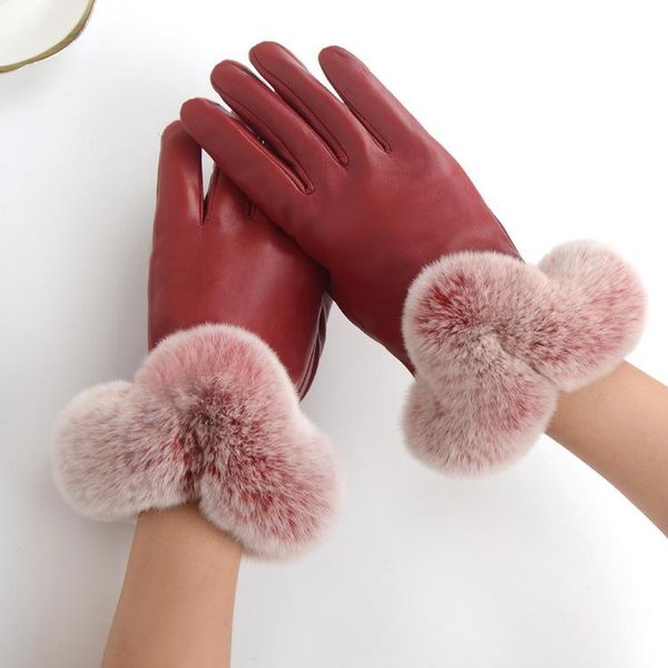 

five fingers gloves women autumn winter fur warm female fashion sheepskin rabbitfur mitts outdoor cycling running skiing windbreak, Blue;gray