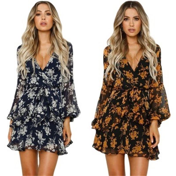 

women's clothing dresses 2021 spring and summer women's dress long sleeve print low cut v-neck bandage, Black;gray