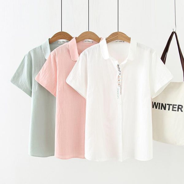 

plus size turn down collar womens t shirts embroidered cotton tshirts summer tees female shirt short sleeve, White