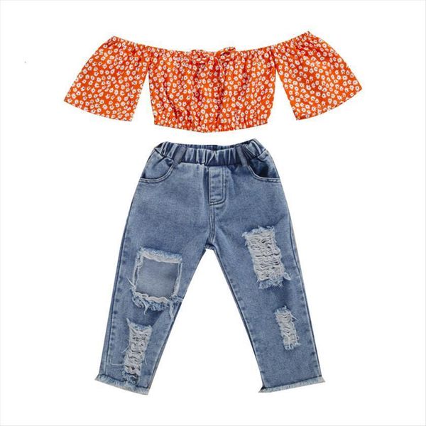 

0 5years 2pcs toddler kids baby girl summer fashion clothes set off shoulder floral printed hole demin long pants, White