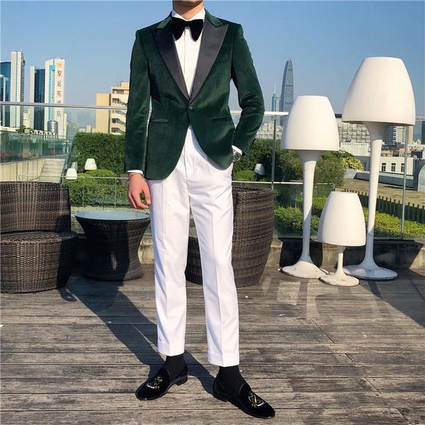 

men's suits & blazers men blazer velvet a single-breasted button green blue after the middle slit slim fit clothing business banquet co, White;black