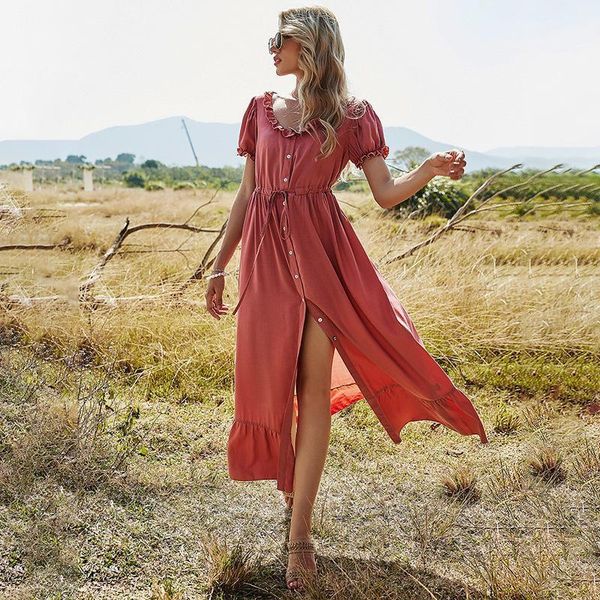 

puff sleeve long dress women solid color ruffles button high waist o neck elegant spring summer casual dresses, Black;gray