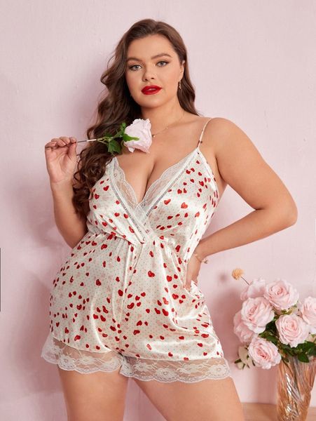 

plus heart print contrast lace sleep cami romper l80h#, Black;white