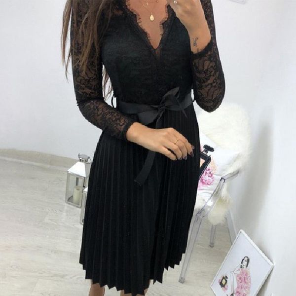 

elegant black crochet lace patchwork dress women v-neck long sleeve up pleated dresses fashion vintage midi summer casual, Black;gray