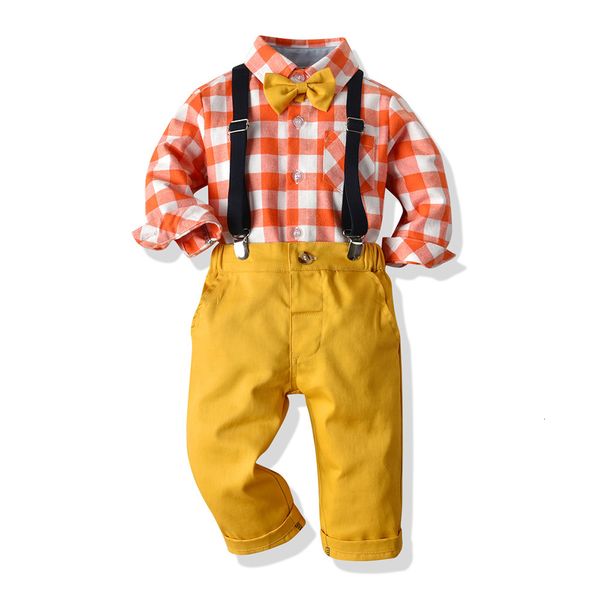 

boys' autumn plaid long sleeve shirt bow tie suspender suit, Blue