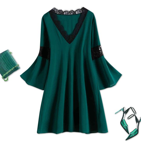 

women's plus size hy865006# solid color deep v long sleeve pleated green large