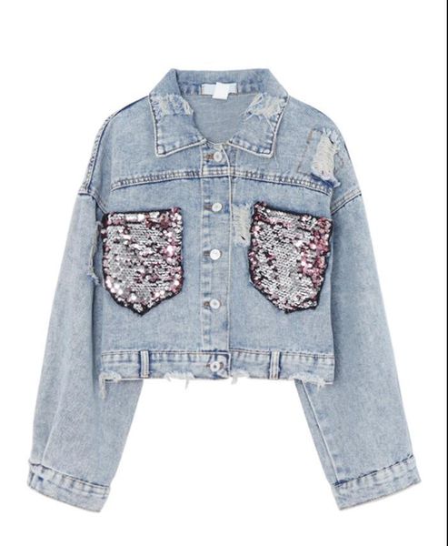 

women's jackets spring pocket sequins short loose denim jacket women, Black;brown