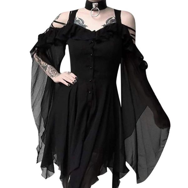 

casual dresses sleeveless female gothic dress, elegant evening dress with black v-collar, witch, halloween, Black;gray