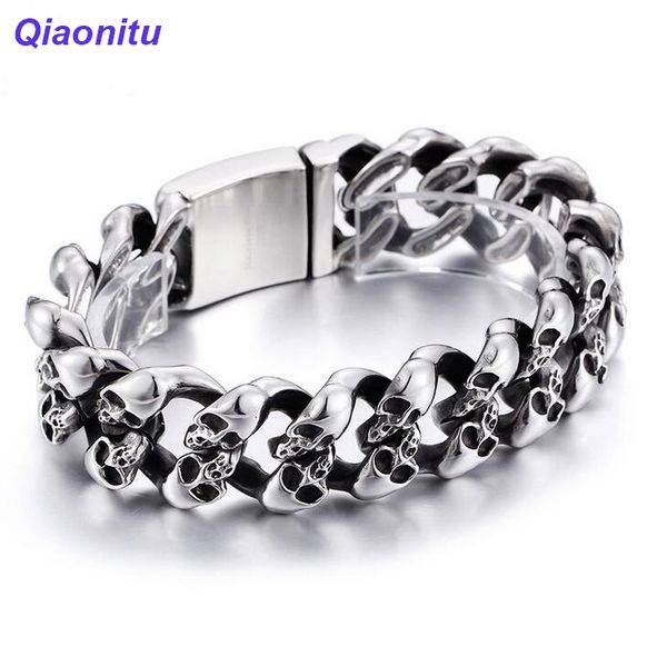

19mm heavy punk rock gothic skull head bracelets men's vintage stainless steel curb cuban chain bracelet bangle biker jewelry f1211, Golden;silver