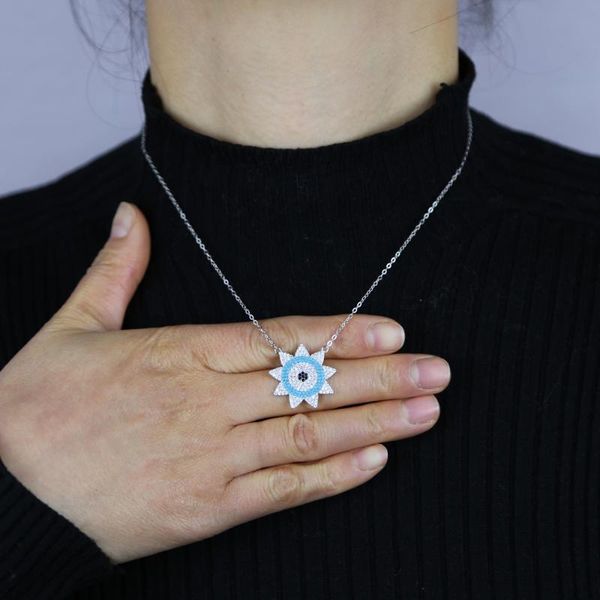 

pendant necklaces silver color blue turquoises black clear cubic zirconia cz paved geometric turkish evil eye women charm party necklace