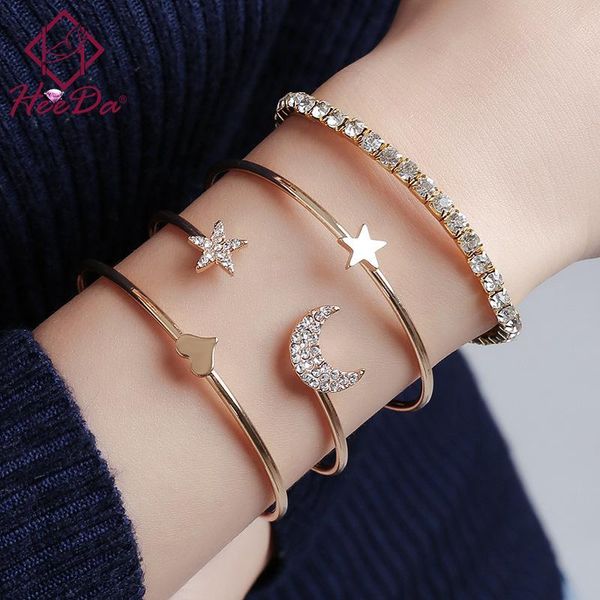 

pieces women fashion opening bangle set 2021 lady simple star moon heart bracelet suit shiny auger hand jewelry female, Black