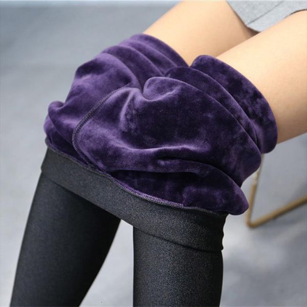 

winter warm plus womens legging thick velvet mink cashmere waist glossy pants femme, Black