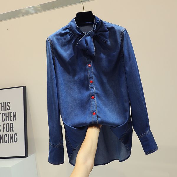 

shirt denim women sleeve jeans coat spring fall stand collar bow girl students long jean shirts lady, White