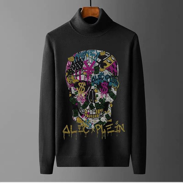 

men's sweaters 2021 sweater cashmere black drilling shiny thick pullover winter fashion solid color simple turtleneck, White;black