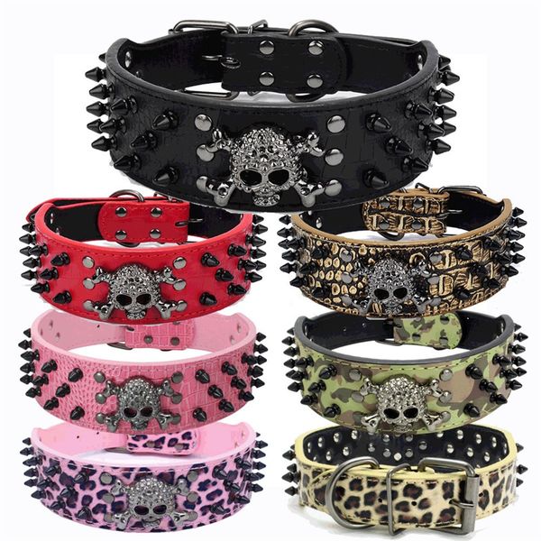 

fashion wide spiked studded leather dog collars bullet rivets with cool skull pet accessories for medium large dogs s-xl 235c3