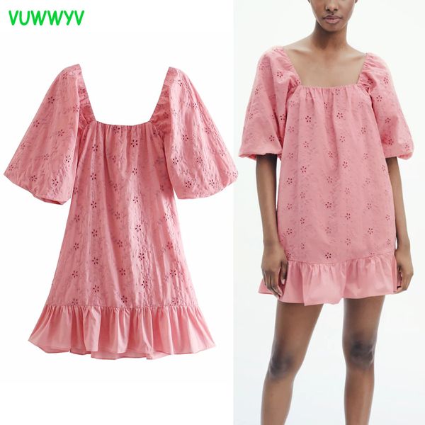 Vuwwyv rosa bordado bordado mulher vestido verão vintage elastic smock plissado mini mulheres shuff sleeve vestidos 210430