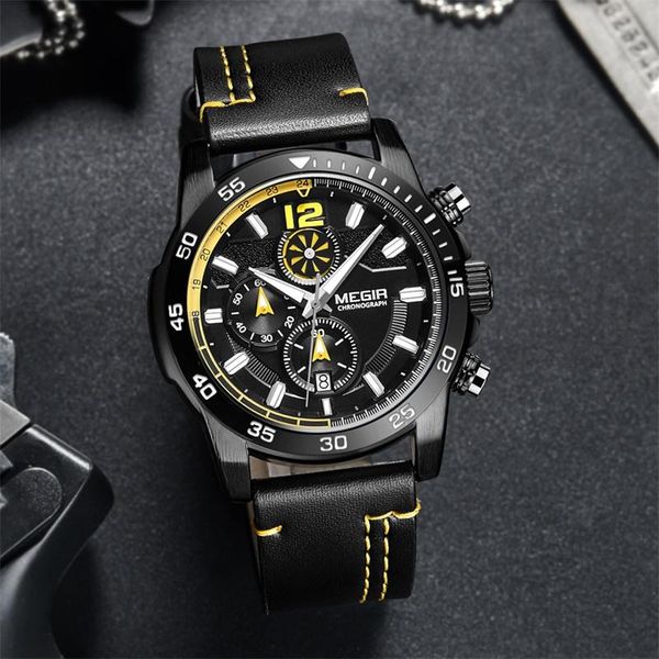 

wristwatches megir watches mens casual leather quartz men's watch business clock male sport waterproof date chronograph, Slivery;brown