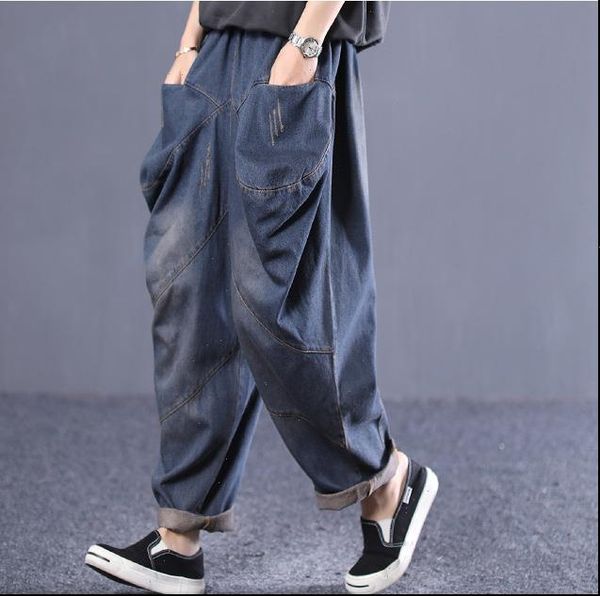 

autumn jeans women jean large size loose denim pants ladies elastic waist pocket spliced bleached vintage trousers, Blue