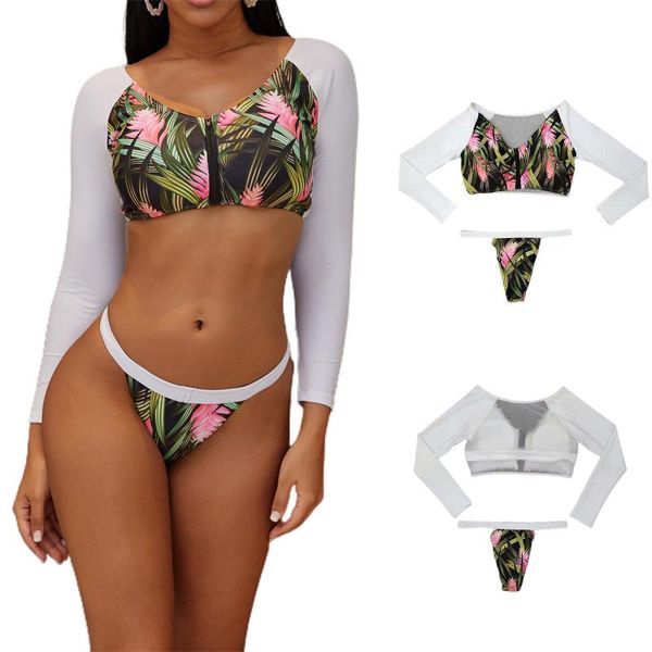 

women's 2 pieces swimsuit long sleeve v-neck zipper crop and bikini bottom with mesh set swimwear, White;black