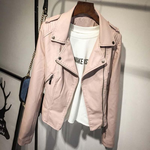 

women's leather & faux womens jackets and coats long sleeve turndown collar chic motorcycle outwear female streetwear casual jacket, Black