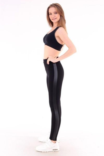 

women's leggings side leather striped women tights 4044 alm-4044, Black